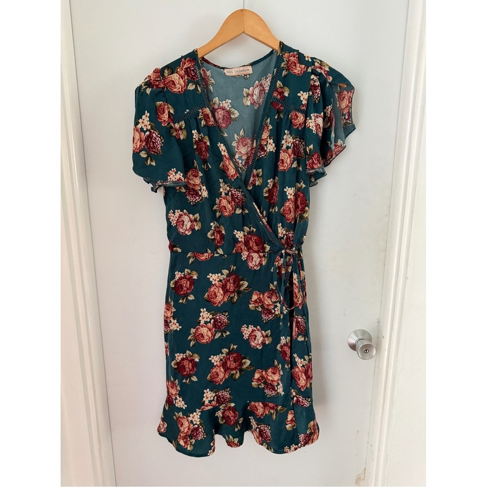 BOG Collective Green Floral Wrap Dress Womens Size L
